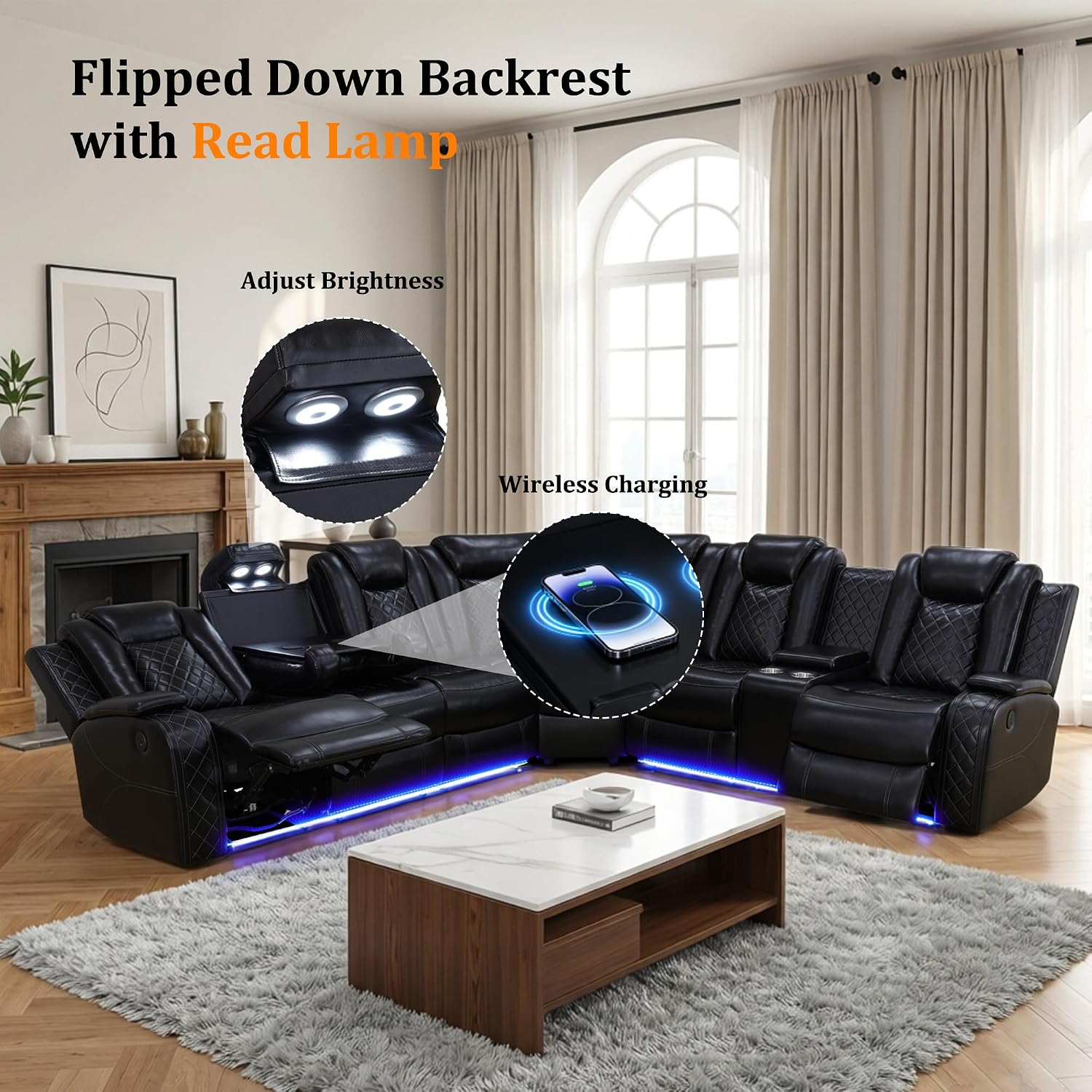 Power Recliner Sectional Couch for Living Room, Breathing Leather Reclining Sectional Sofa, 6 Seat L Shaped Reclining Couch with LED Lighting/Cup Holders/Strorage/USB Port (Black)