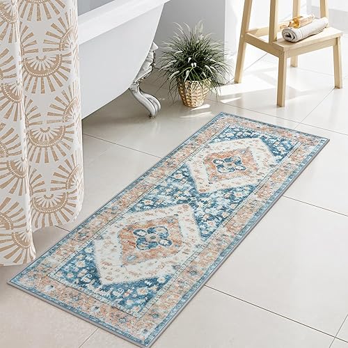 Miniatura 8 de Uphome Alfombra de Baño Azul Boho Desgastada Alfombra de Baño Oriental Suave de Pelo Largo Antideslizante Alfombra de Baño Lavable a Máquina Vintage