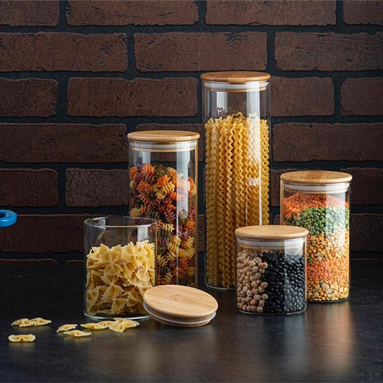 Barattoli Cucina Robusto 5 Confezioni di Contenitori in Vetro con Coperchio in bambù for L'organizzazione della Dispensa Contenitori Ermetici per Alimenti