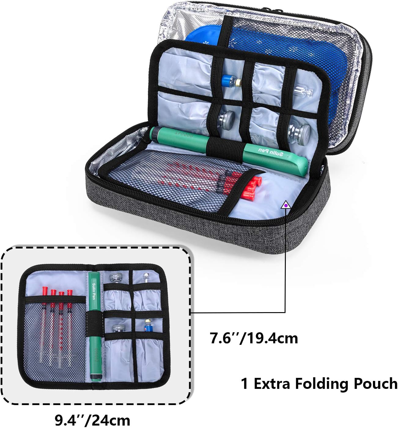 YARWO Insulin Cooler Travel Case with 6 Ice Packs, Single and Double Layers Diabetic Supplies Organizer for Insulin Pens, Blood Glucose Monitors or Other Diabetes Care Accessories, Gray : Health & Household