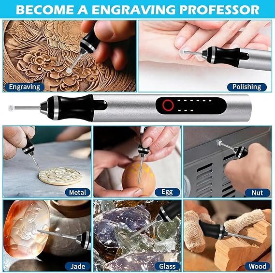 Cordless Engraving Pen, 3-Speed Electric Engraving Tool Kit, Engrave 50+ Surfaces, with 30 Small Drill bits, 5 Grinding Accessories and 16 Engraving Templates, USB Charging for Soft Wood Resin Stone J