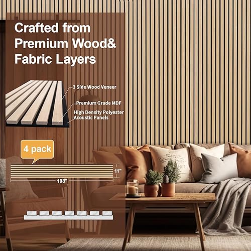 Miniatura 2 de Yuzzy Paneles de madera para pared y techo, paneles acústicos de listones de madera de 108 x 11 pulgadas, 4 unidades, paneles de pared modernos que