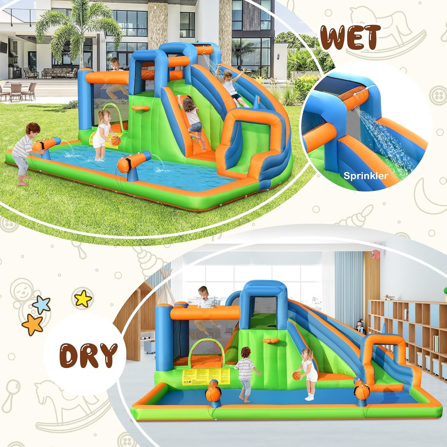 KOTEK Inflatable Water Slide, Bounce House Waterslide Inflatables Water Park with 2 Climbing Walls, Water Guns & Jumping Bouncy Castle, Outdoor Blow up Water Slides for Kids Backyard (Without Blower)