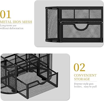 Taylor & Brown Mesh Desk Organiser Desk Tidy Metal Pen Holder with 8 Compartments and 1 Drawer, Stationery Storage Desktop Organiser for Home, Office, School