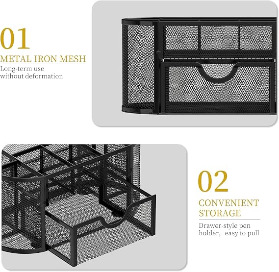 Taylor & Brown Mesh Desk Organiser Desk Tidy Metal Pen Holder with 8 Compartments and 1 Drawer, Stationery Storage Desktop Organiser for Home, Office, School