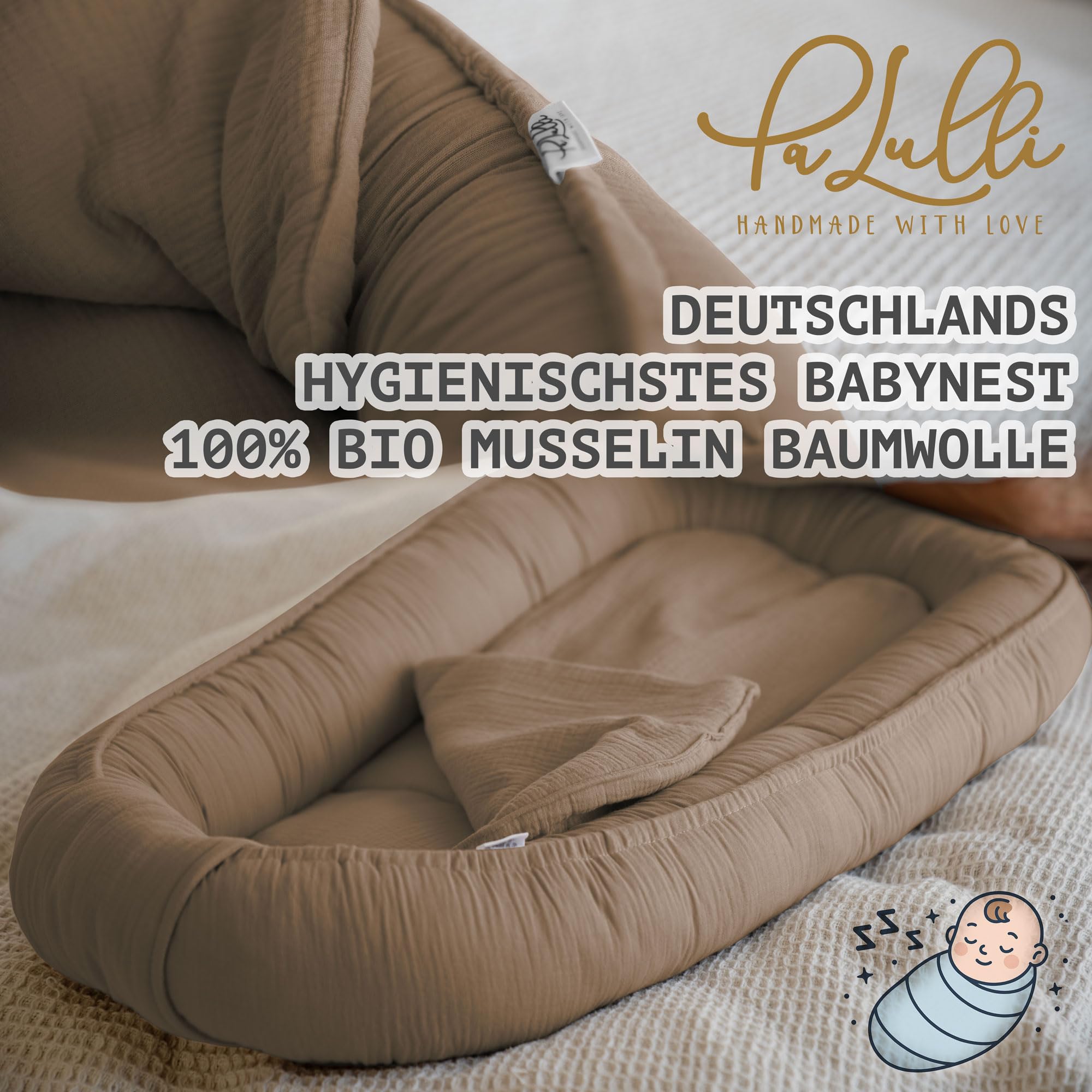 PaLulli® Nido de bebé 100x60 cm – Suave nido de muselina con colchón | Nido para dormir, capullo, cuna de viaje para recién nacidos | 100% algodón (Marrón)