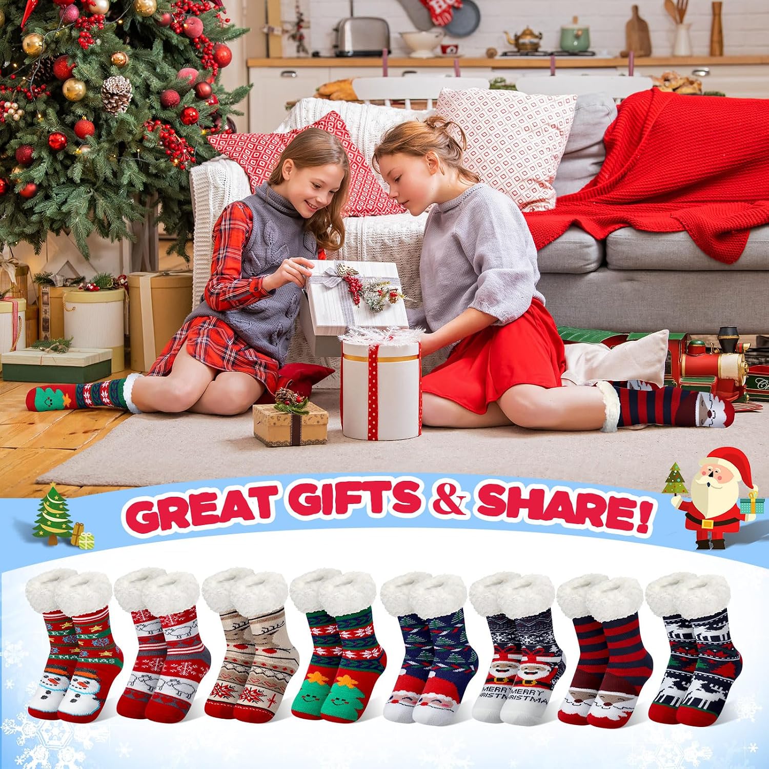 Suhine 8 Pairs Christmas Fuzzy Slipper Socks for Women Plush Coral Fleece Warm Non-slip Holiday Socks for Xmas Winter Gifts