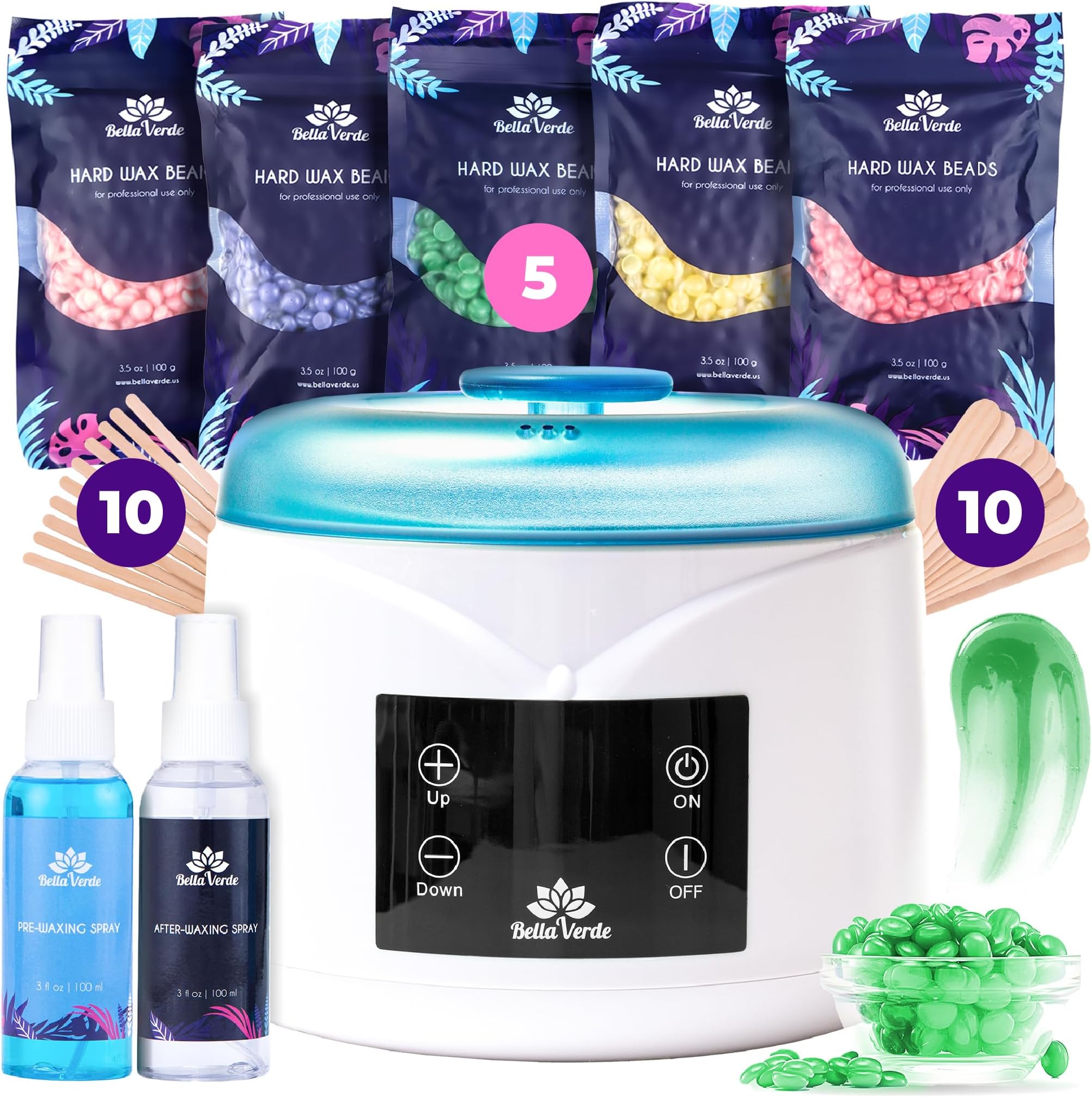 Bella Verde Waxing Kit for Women & Men -Digital Wax Warmer with Hard Beads, Pre & Post Spray, Hot Wax Pot Machine for Face, Eyebrows, Body, Legs, Bikini - At-Home Hair Removal for Sensitive Skin