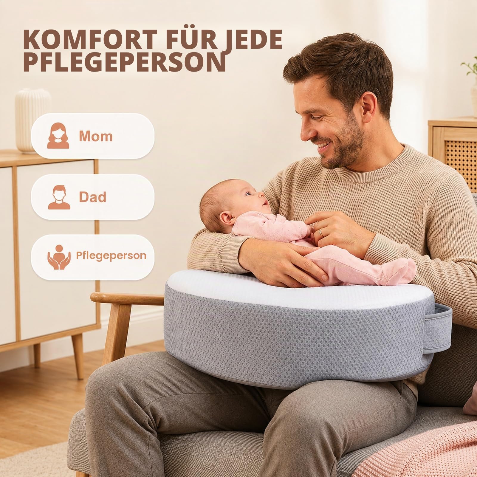 Memory Foam Stillkissen, extra breit & verdicktes Stillkissen mit 53 cm verstellbarem Taillenriemen, erhöhtes Babyfütterungs-Stützkissen mit abnehmbarem, waschbarem Bezug, wasserdichte Rückseite