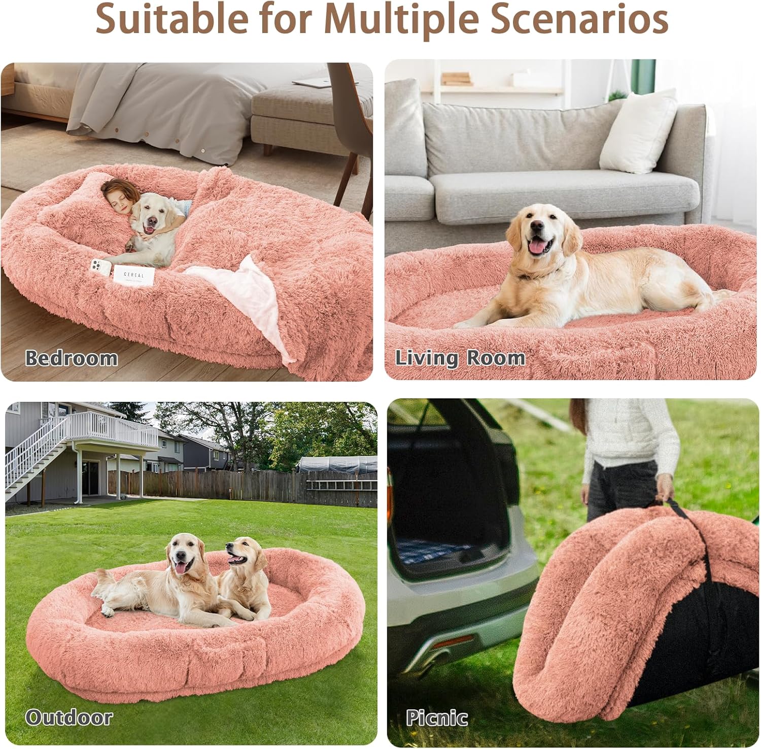 ROOMTEC Human Dog Bed, 71''x45''x12'' Size Fits Adult and Pet Washable Giant People Bed 10 CM Thick Memory Foam Large Oversize Pet Bed with Plump Pillow, Blanket, Strap - Pink