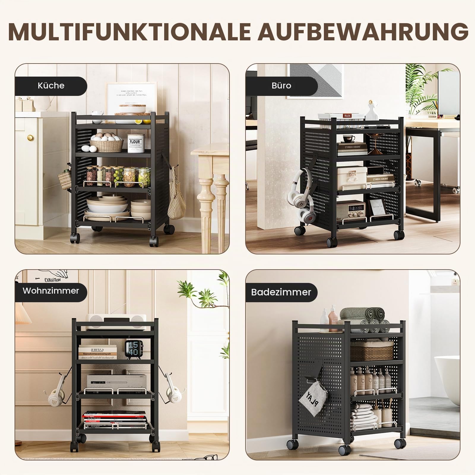 Sightlife Eckregal Stehend mit 4 Ebenen Standregal Eckregal Beistelltisch Audio Rack Nachttisch Side Table Schallplattenständer Bücherregal Eck-Stereo-Ständer Mit Rollen