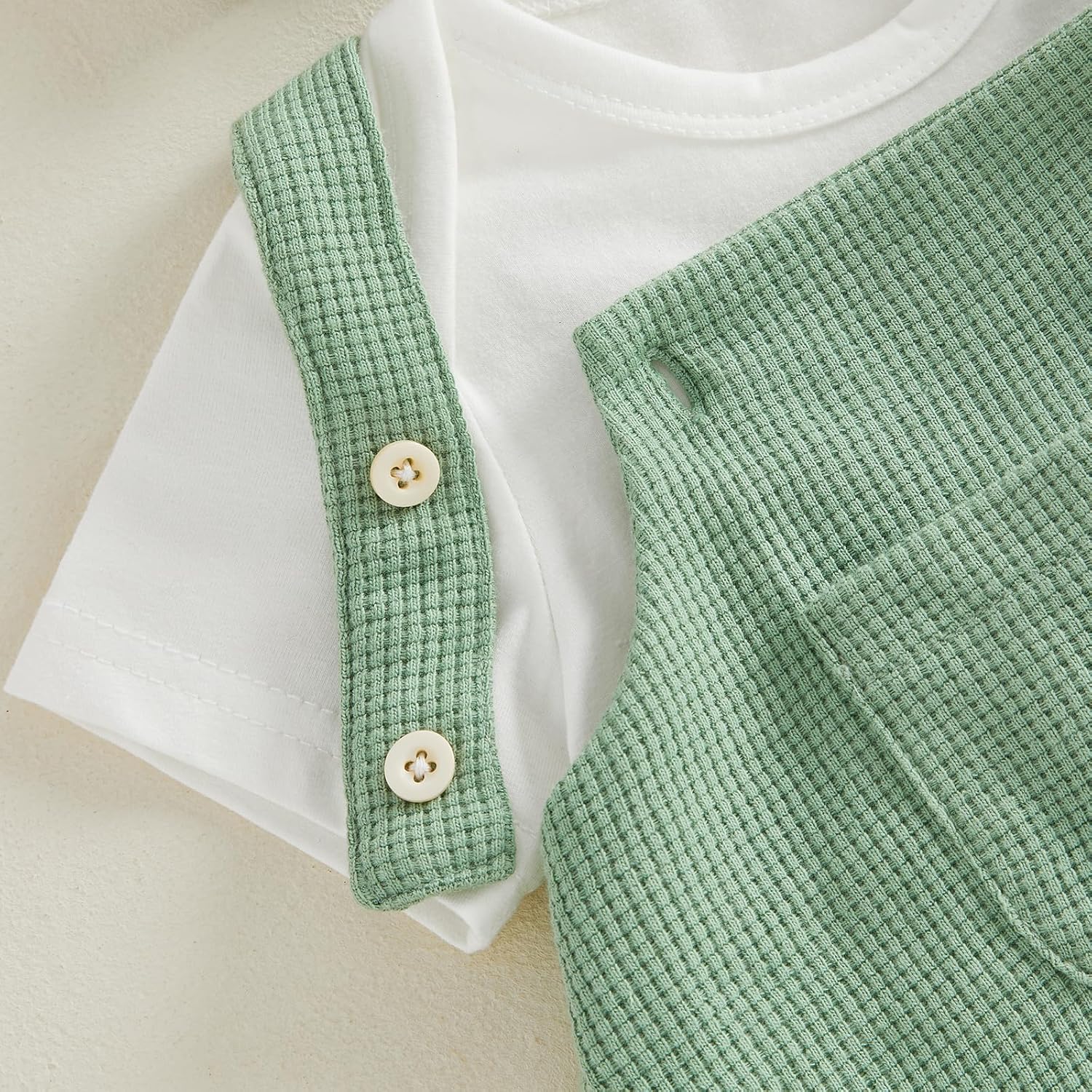 Newborn Baby Boy Clothes Summer Outfit Solid Color Short Sleeve Romper Waffle Suspender Shorts Overall Set 3Pcs - Image 6