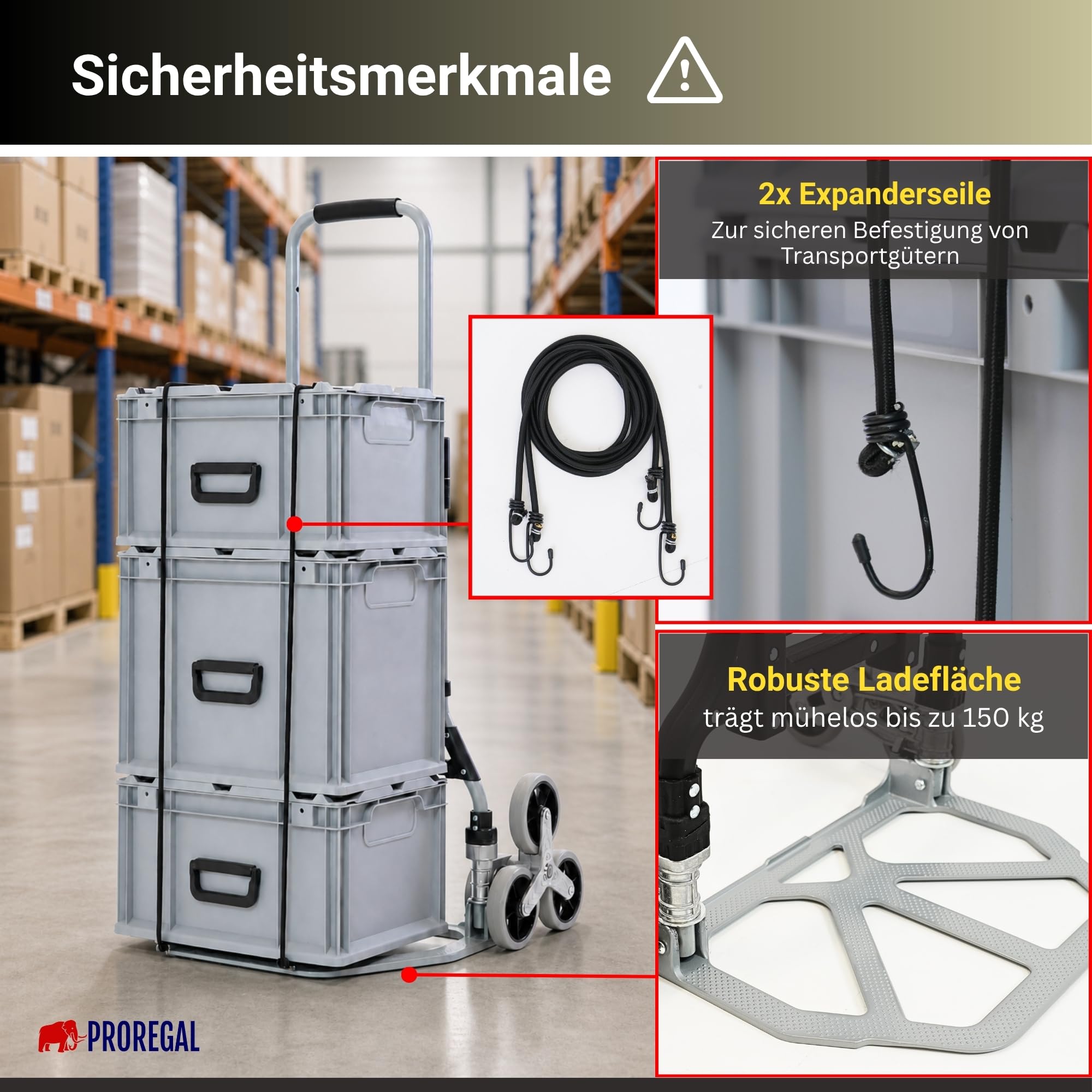 PROREGAL Klappbare Treppensackkarre Elephant | große Schaufel | Traglast 150kg | 6,8 kg leicht | Aluminium, Vollgummireifen Teleskopgriff 100 cm | Silber | Sackkarre Transportkarre für Treppen