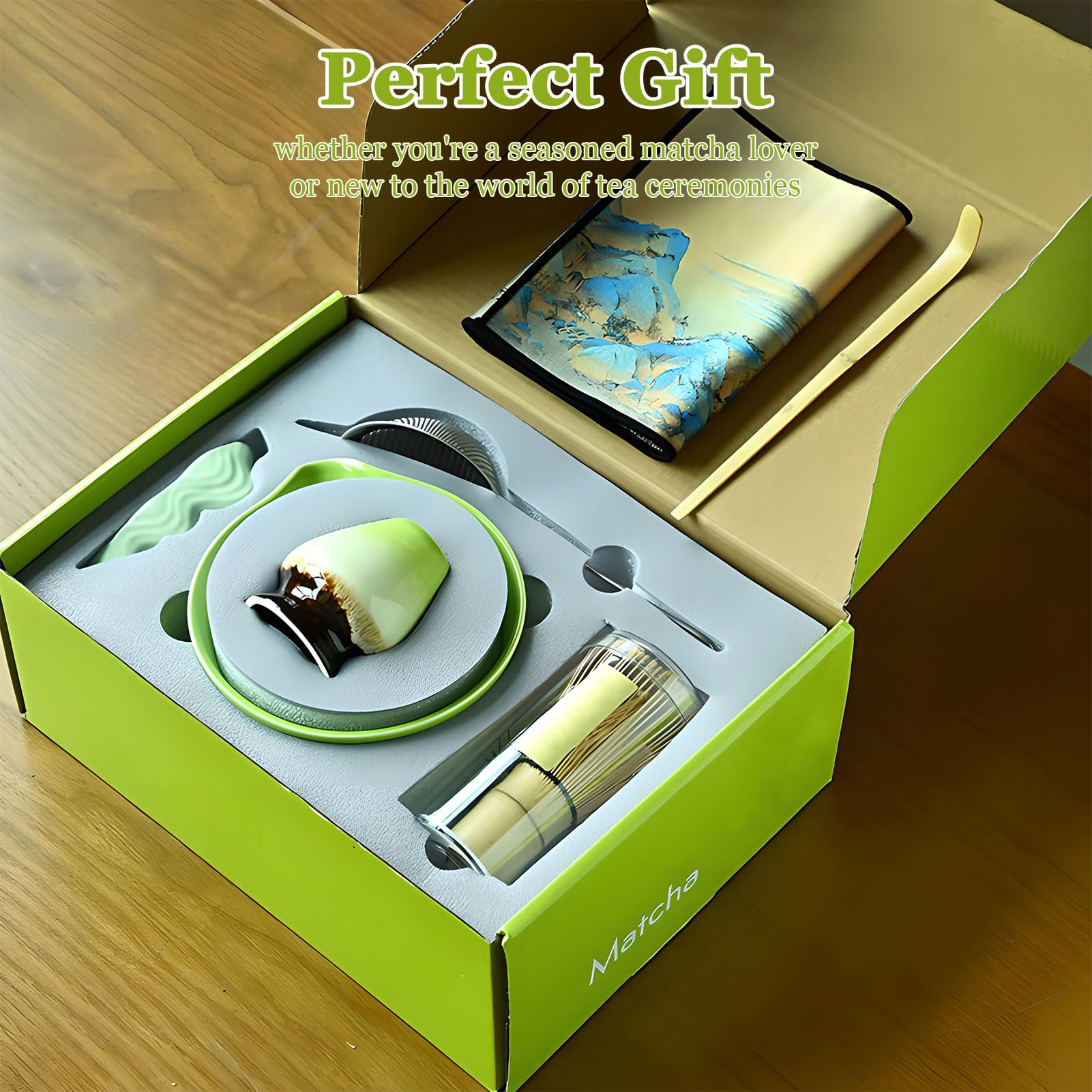 Juego de batidores Matcha de 5 piezas, cuenco Matcha con boquilla, batidor de bambú, soporte para batidor, cuchara para té, colador de polvo, para principiantes y amantes de la cultura del té
