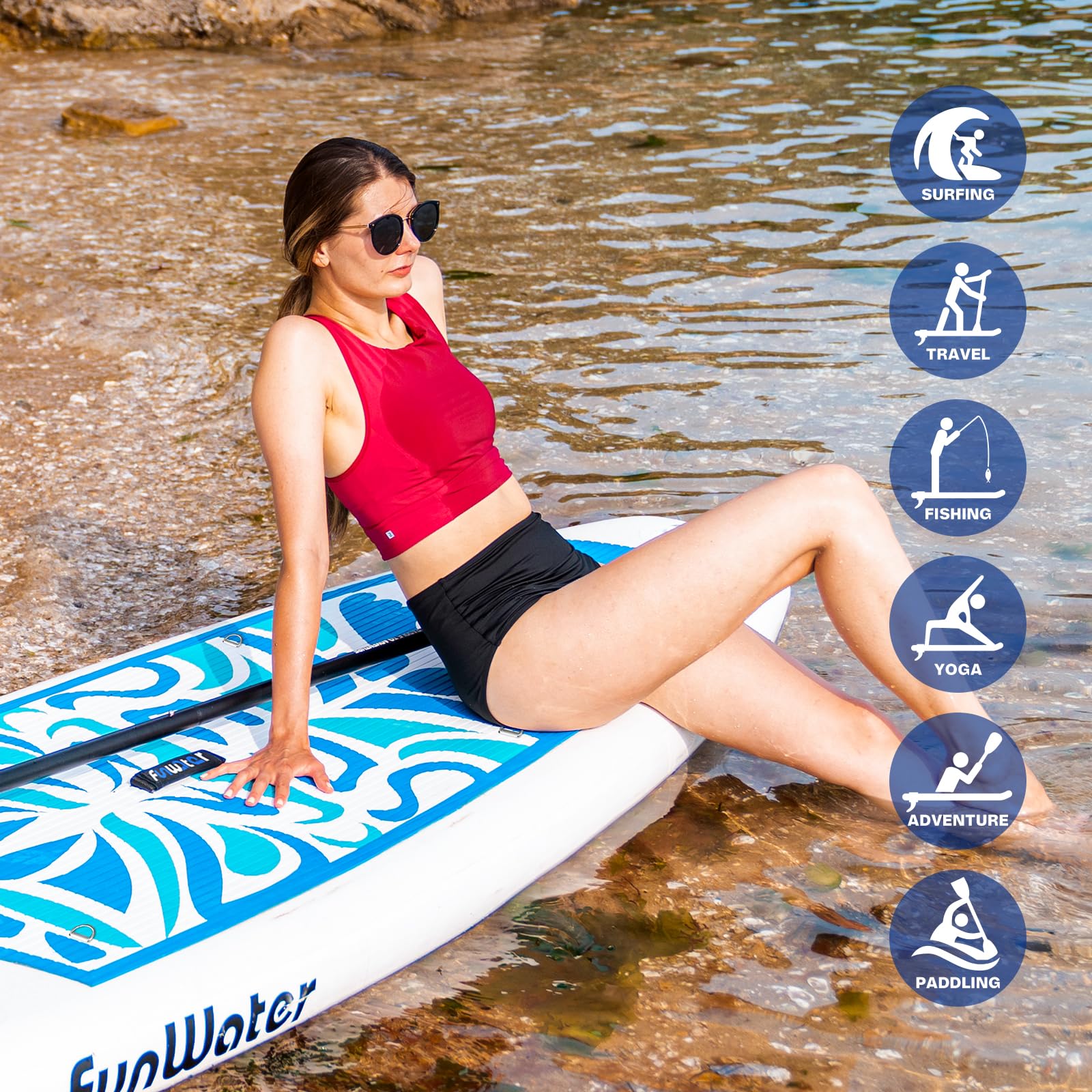 FunWater Deska do wiosłowania 10'6" i 11'6", wielofunkcyjna deska do wiosłowania z płetwami, liną kostną, pompką SUP, wiosłem, plecakiem Sup, na wszystkie poziomy umiejętności