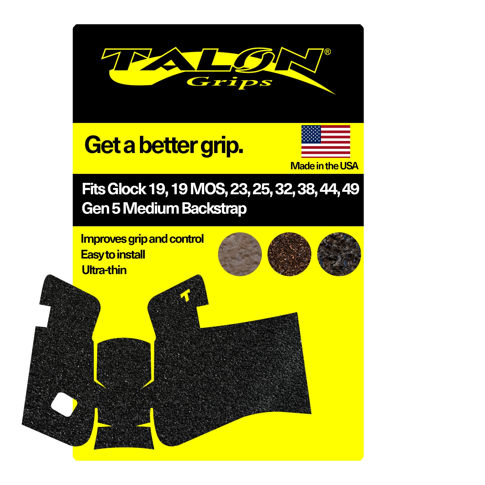 Talon Grips - Adhesive Grip for Glock 19, 19 MOS, 23, 25, 32, 38, 44, 49- Made in the USA - Easy Installation, Ultra-Thin, Superior Traction, Performs in All Conditions
