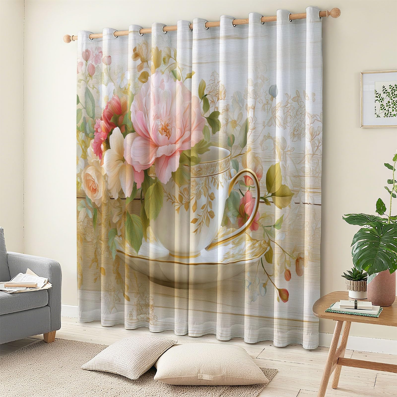Dziecięca termiczna zasłona zaciemniająca elegancka kwiatowa filiżanka do herbaty 110 x 215 cm zestaw 2 zasłon z nadrukiem do salonu, dekoracji okna, kuchni, do wnętrz, zasłon i zasłon z oczkami