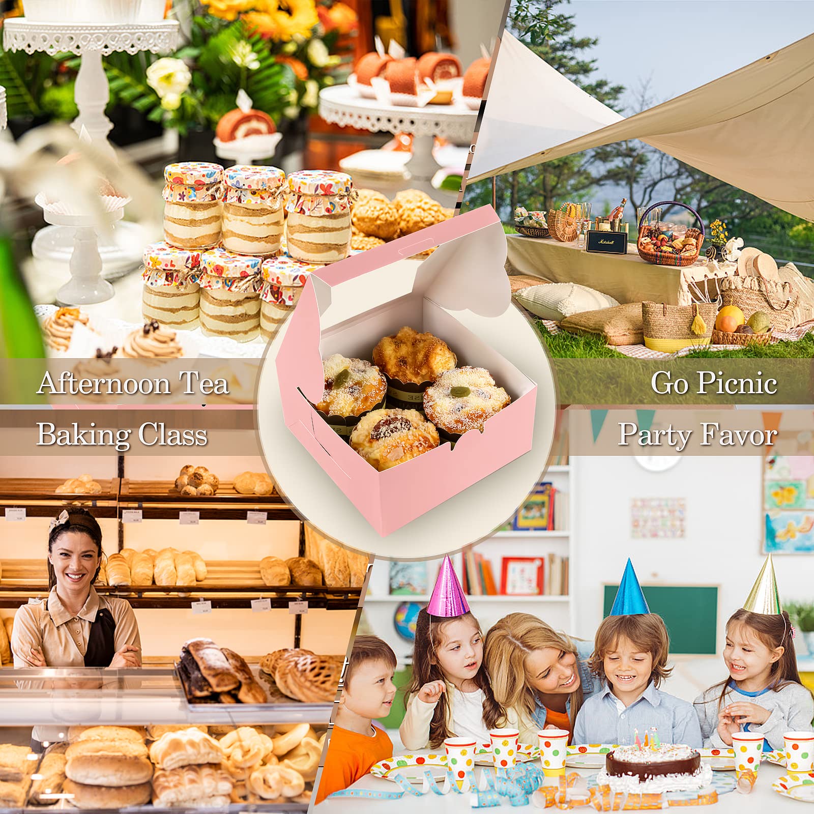 KPOSIYA 65 cajas de panadería con ventana de 6 x 6 x 3 pulgadas, 5 cajas de galletas pequeñas para dulces, postres, pasteles, donas, fiesta de cumpleaños, boda (rosa)
