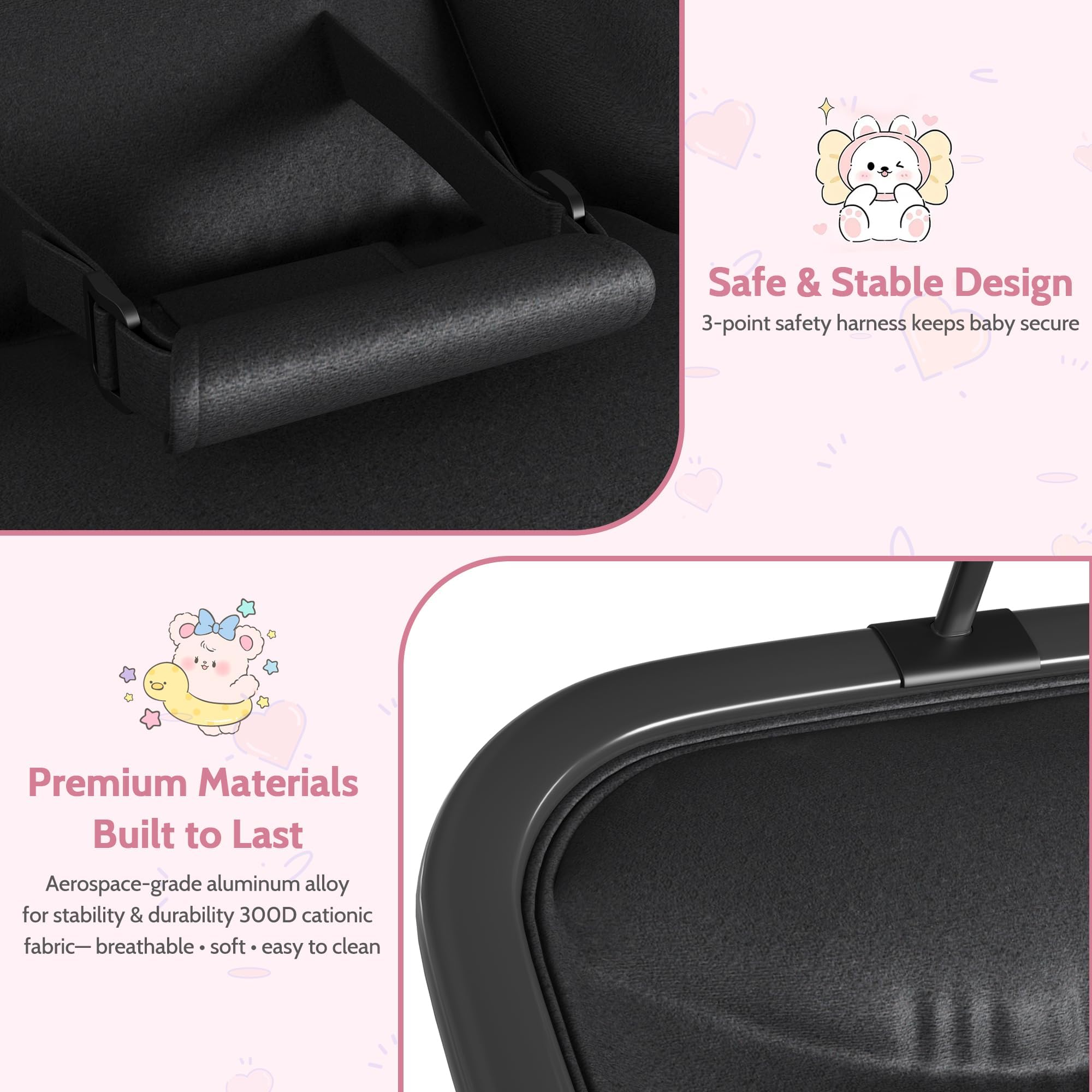 Garvee Silla Mecedora para Bebé 0-12 Meses - Hamaca Infantil Plegable con Respaldo 3 Posiciones, Barra de Juegos, Arnés 5 Puntos, Funda Desmontable, Estructura Aluminio Ligera - Negro