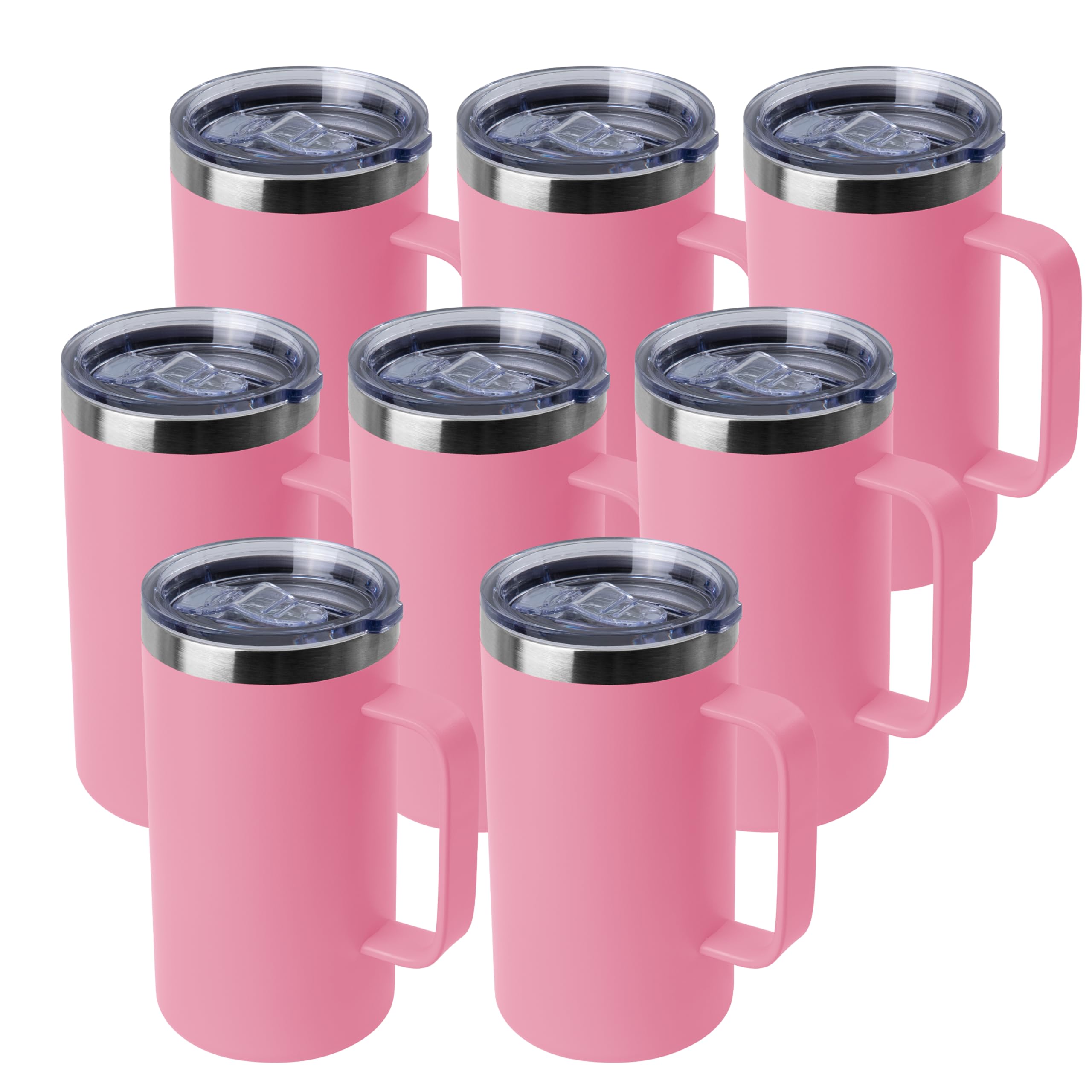 DOMICARE Taza de café de acero inoxidable de 24 onzas con asa y tapa, taza de viaje con asa, vaso de café al vacío de doble pared, taza aislada reutilizable, rosa, paquete de 8