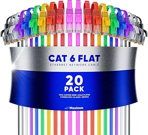 Cat6 Ethernet Cable 10ft, 20-Pack Multicolor - Flat High-Speed Network Cables for Gaming, Streaming, Router, Modem, PC, PS5, Xbox - Durable & Space-Saving Design