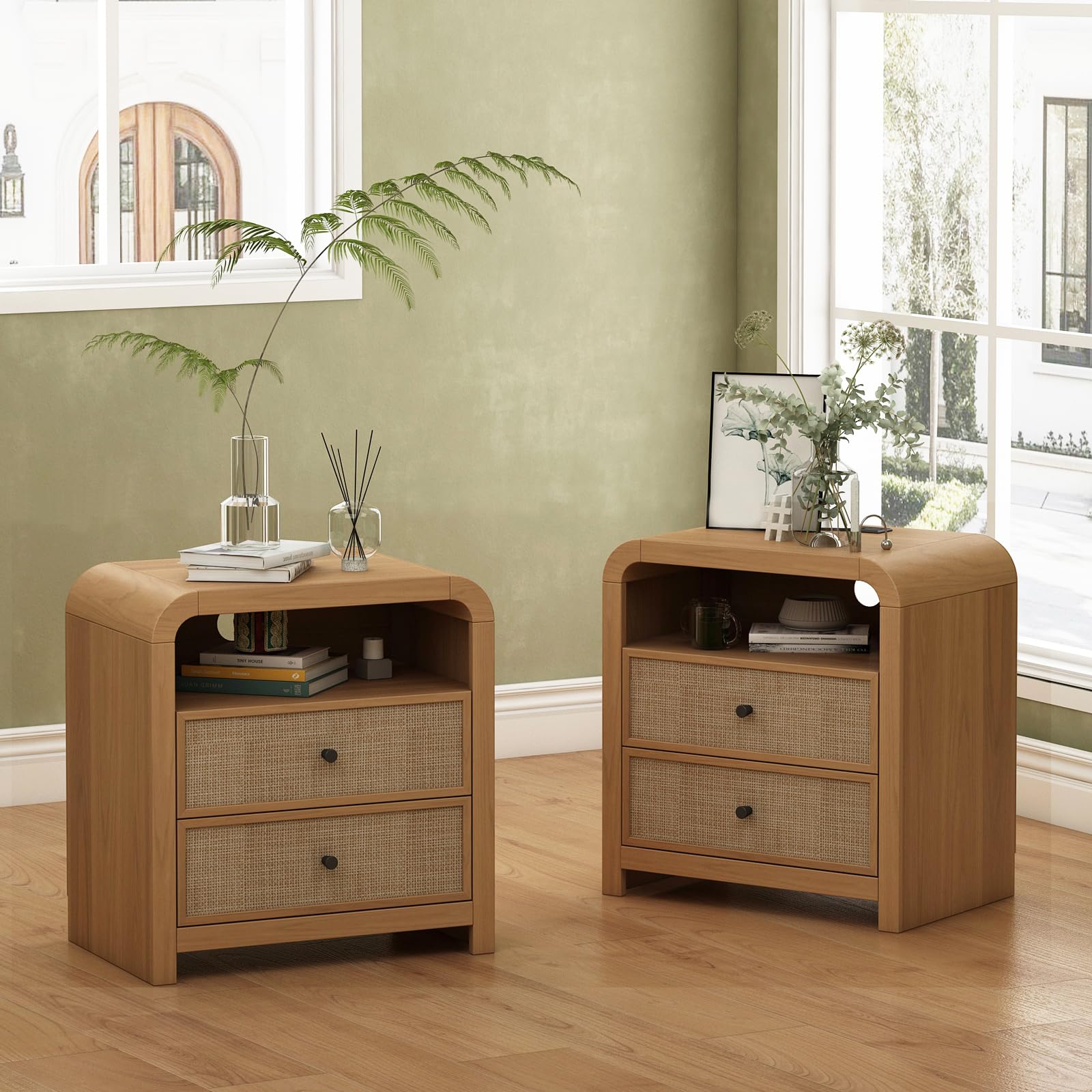 Oak&Sparrow Rattan Nightstand Set of 2, 23.6'' Rattan End Table with Ample Storage, Boho Nightstand with Charging Station, Thickened Curved Profile Design, Oak Nightstands for Living Room, Bedroom 2 Pieces Natural Oak