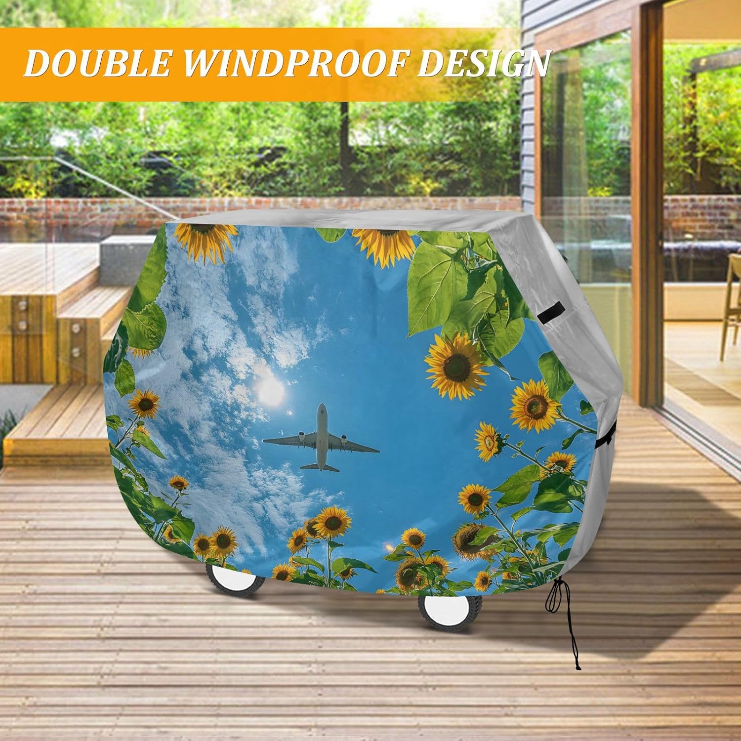 Premium Grill Cover Waterproof Realistic Photo Looking Up from Under Tall Sunflowers Barbecue Cover Fade Resistant BBQ Cover Heavy Duty Fits Grill Widths Up to 25 in