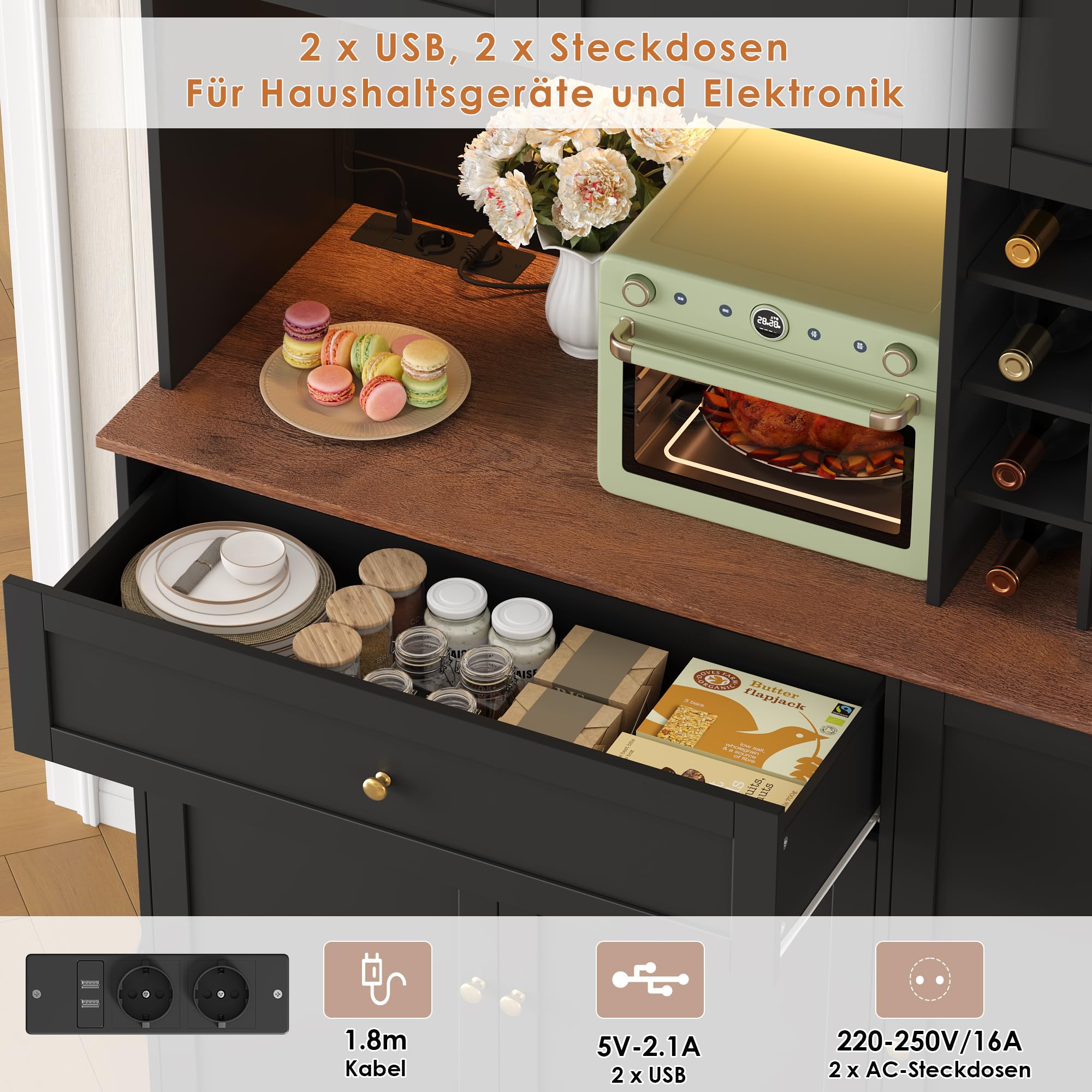 FirFurd Küchenschrank 180cm Buffetschrank mit LED Sideboard für Küche mit Steckdosenleiste Küchenschrank mit Arbeitsplatte & Weinregal für 12 Flaschen Küchenbuffet Küchenmöbel 180x100x39cm schwarz