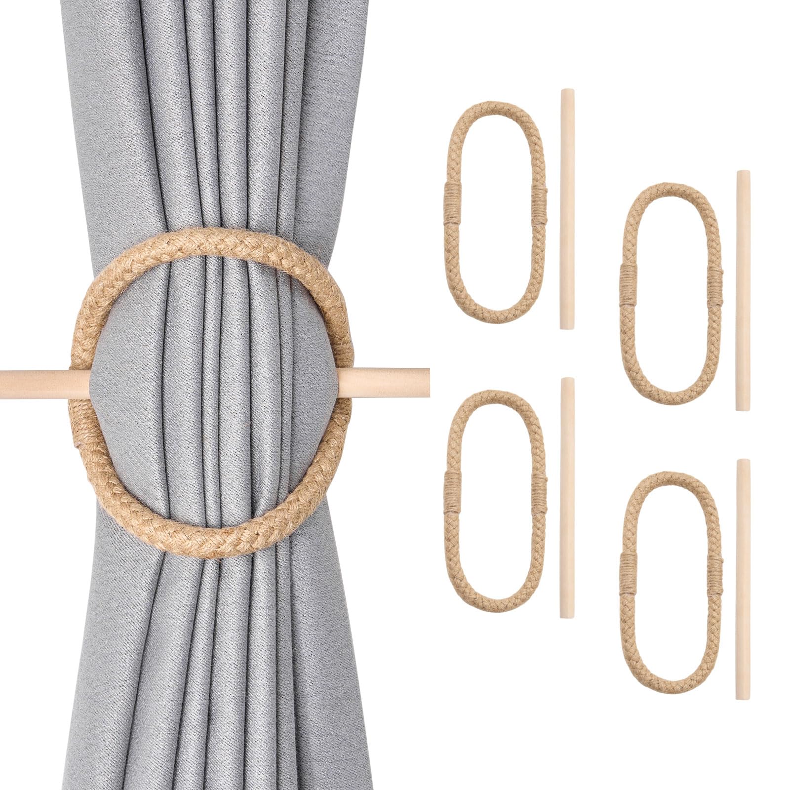 Pretty Jolly 4 Pack Natural Jute Rope Curtain Tiebacks Boho Rustic Style Decorative Drape Tie Backs Farmhouse Hand-Woven Curtain Holdbacks with Wood Club for Home & Office Drapery (Jute loop-01)