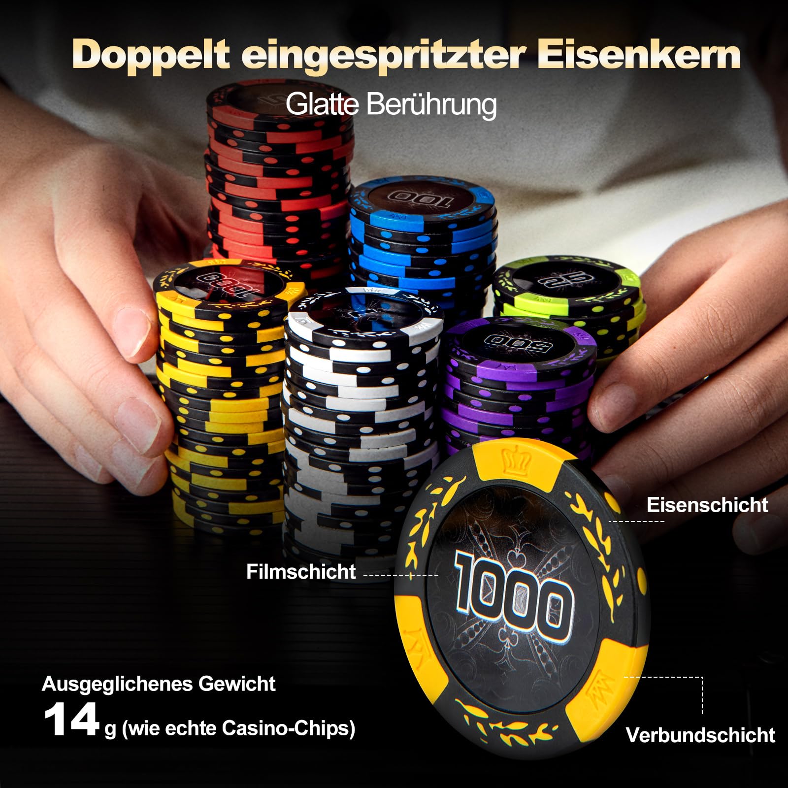 GOPLUS Zestaw do pokera z 300 laserowymi żetonami do pokera, 14 g żetonami, 2 taliami kart, 3 przyciskami dystrybutora i 5 kostkami, kompletny zestaw do pokera z zamkiem