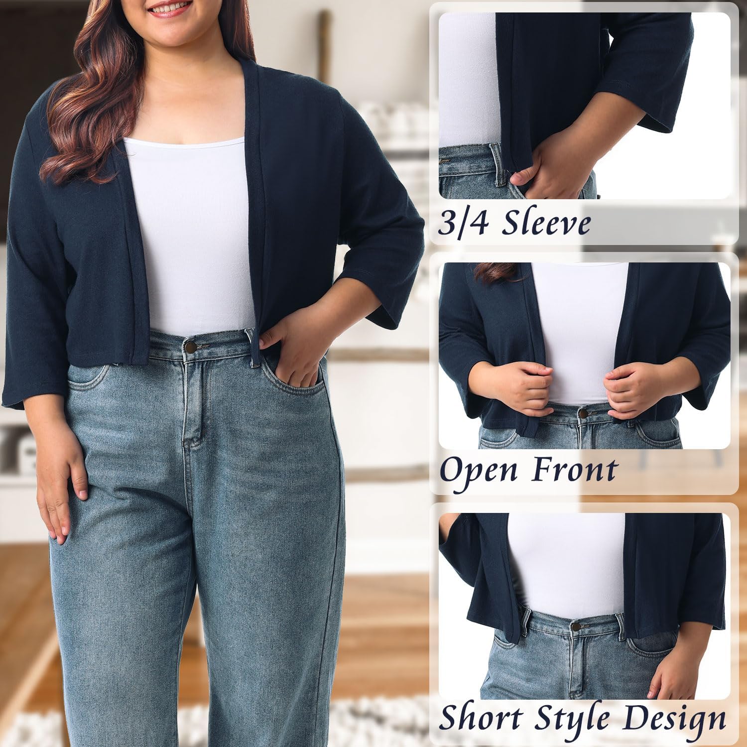 HOdo Women's Plus Size Cardigan Sweater Shrug 3/4 Sleeve Lightweight Open Front Knit 1X-5X - Image 4