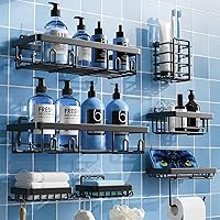 Yorshvil 7-Pack Adhesive Shower Caddy - Rustproof Stainless Steel No-Drill Bathroom Organizer, 24 Hooks Large Capacity Black Shelves Rack