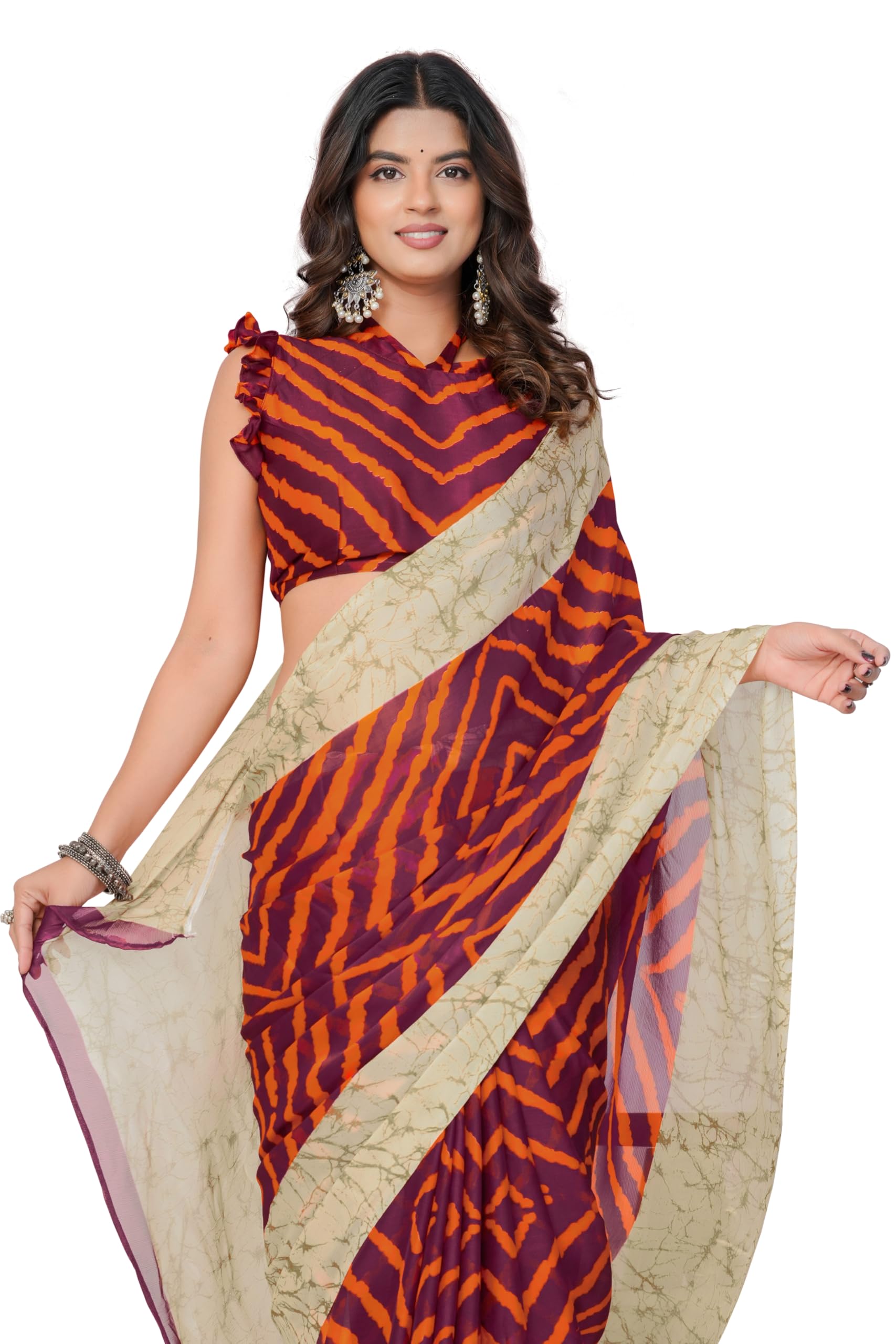 MIRCHI FASHION Women Saree Ethnic Motif Print Chiffon | Breathable Lightweight Plain Weave Sari for Office and Daily Use (Available in 20 Designs)