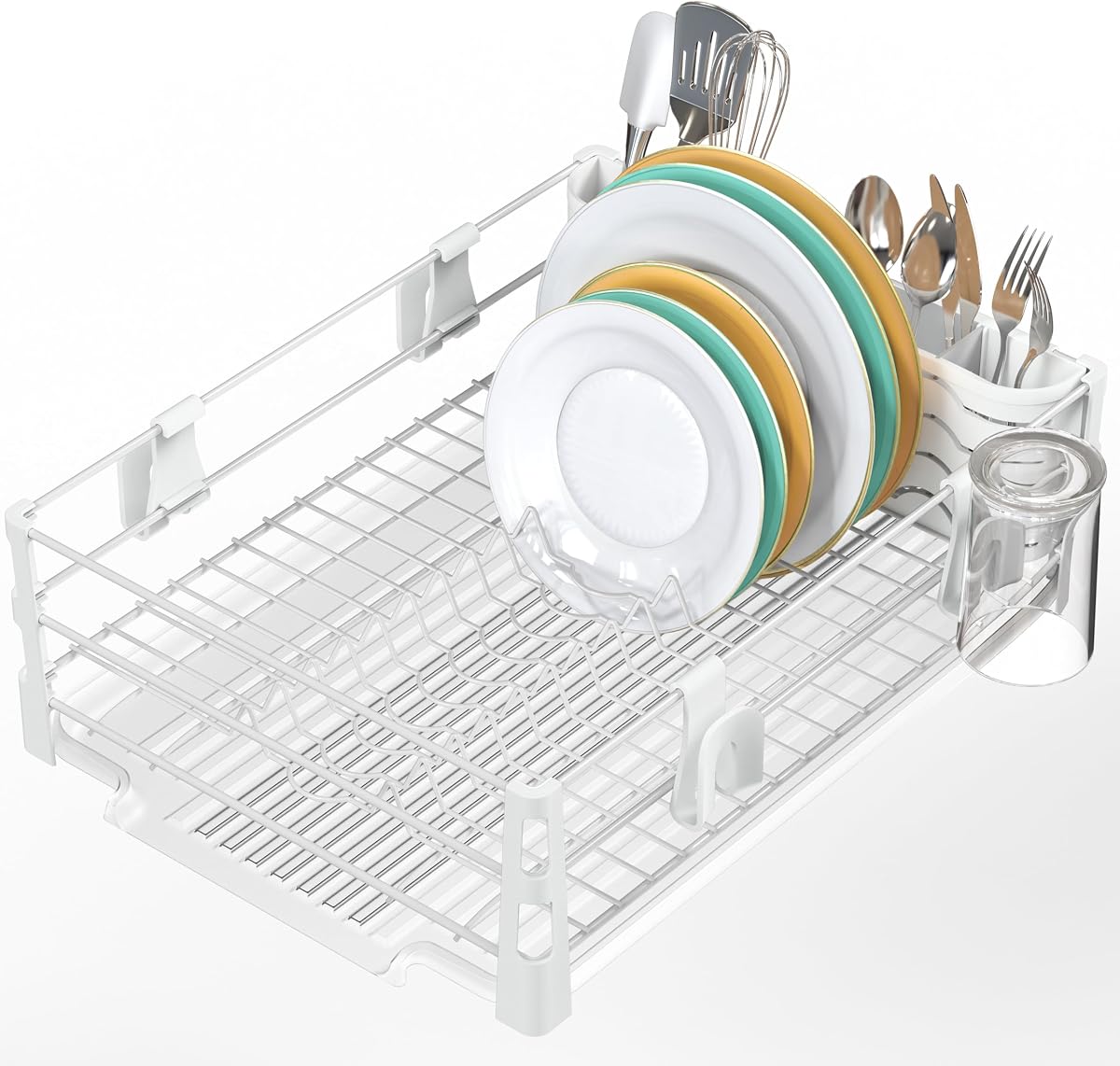 Dish Drying Rack, White | with Drainboard, Utensil Holder and Mug Hooks
