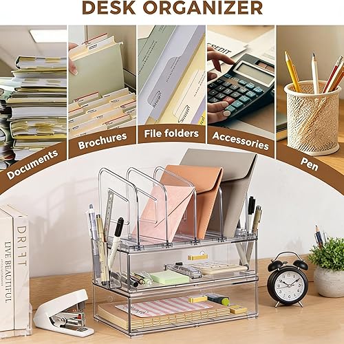 Miniatura 3 de Juego de organizador de escritorio acrílico, paquete de 2 organizadores apilables con 4 clasificadores de archivos verticales y 2 soportes para