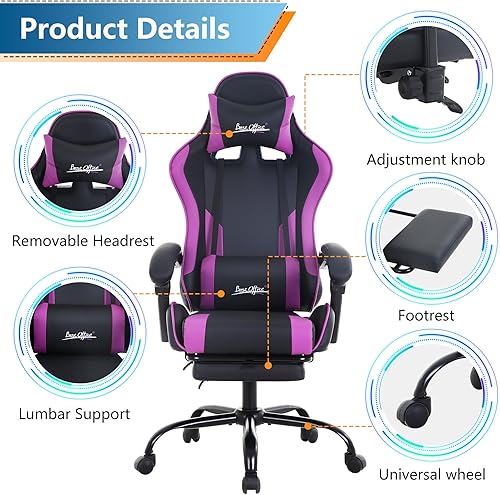 Miniatura 7 de PayLessHere Silla ergonómica de escritorio de carreras, silla de computadora, silla de juegos con reposapiés, soporte lumbar, reposacabezas y