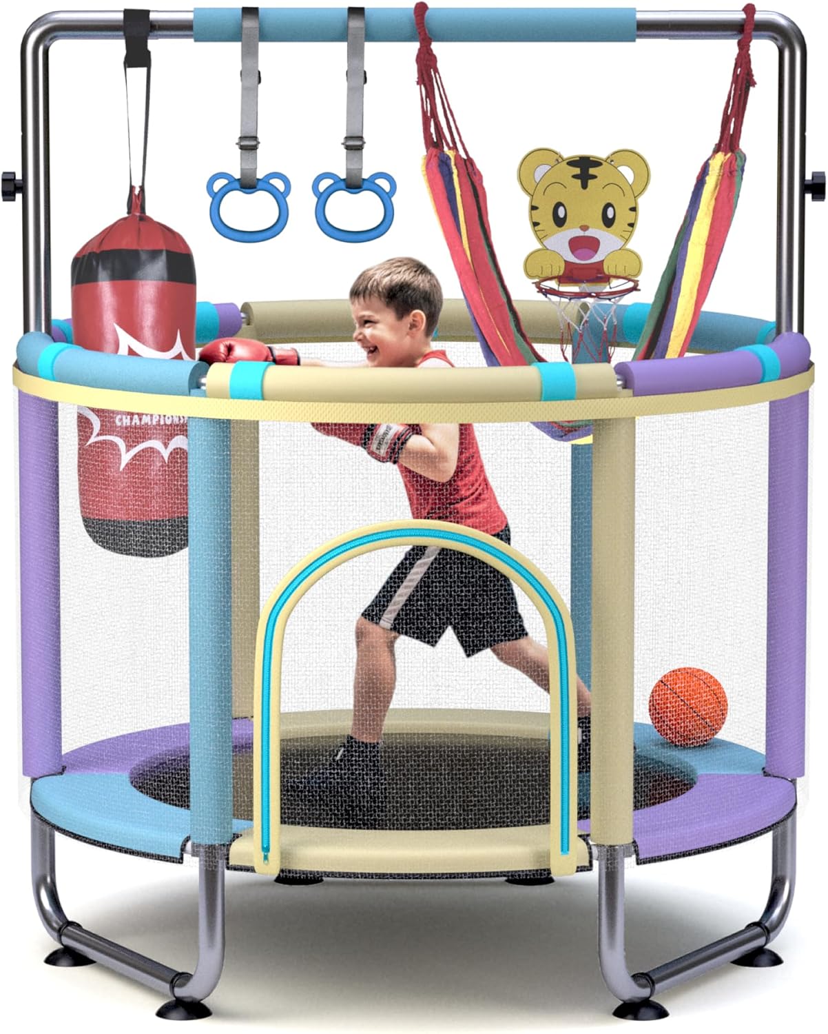 Trampoline for Kids 55inch Toddler Mini Small Trampoline Outdoor Indoor Basketball Hoop, Swing, Gift for Baby, Toddlers & Kids Ages 3-6