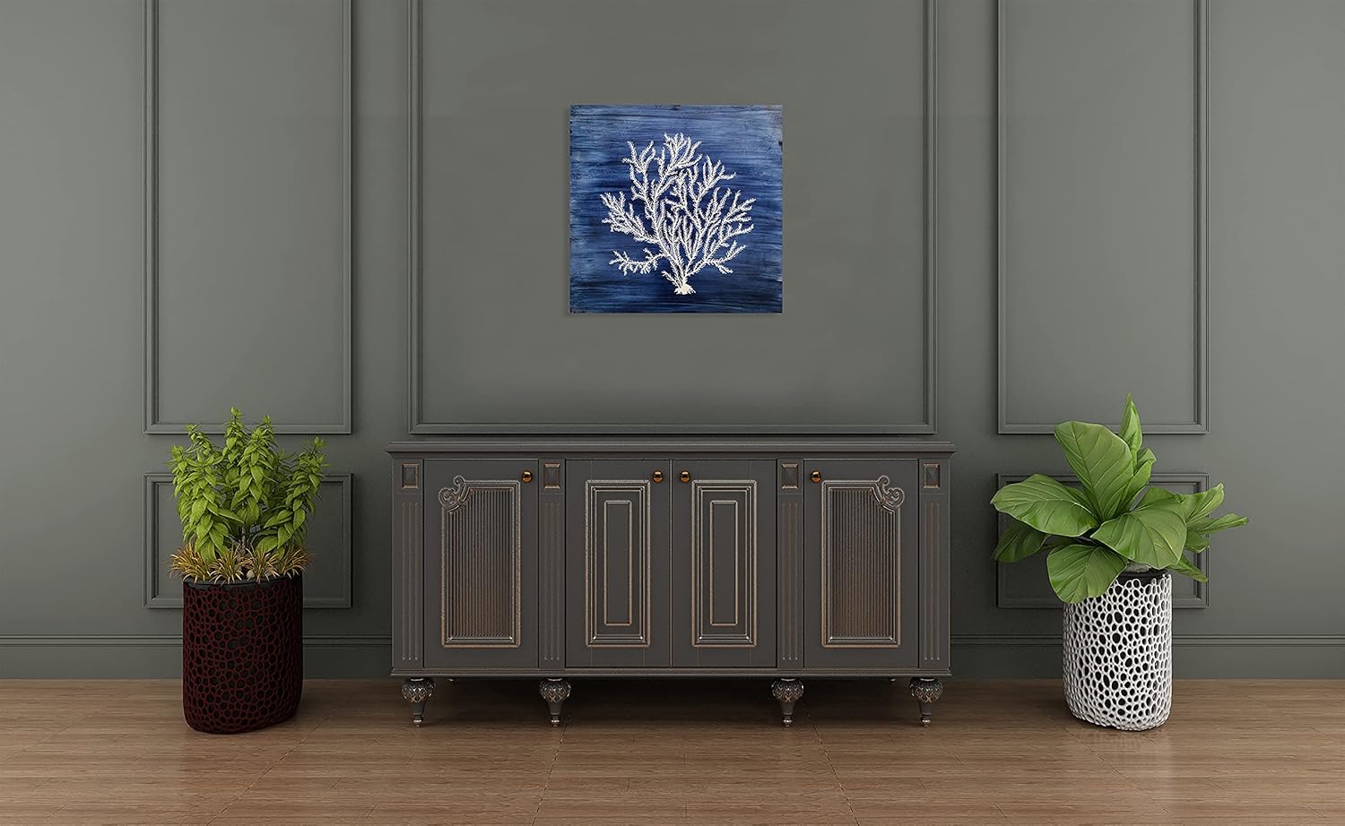 Yihui Arts Nautical Canvas Wall Art Hand Painted Navy Blue and White Coastal Painting Modern Abstract Tree Artwork for Living Room Bedroom Hall Way Decor