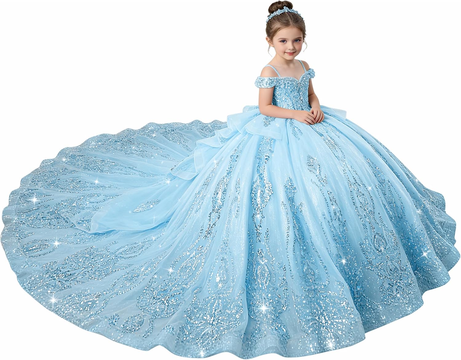 Glitter Girls Pageant Dress with Train Tulle Lace Girls Ball Gown Dress Off Shoulder Flower Girl Dress for Wedding