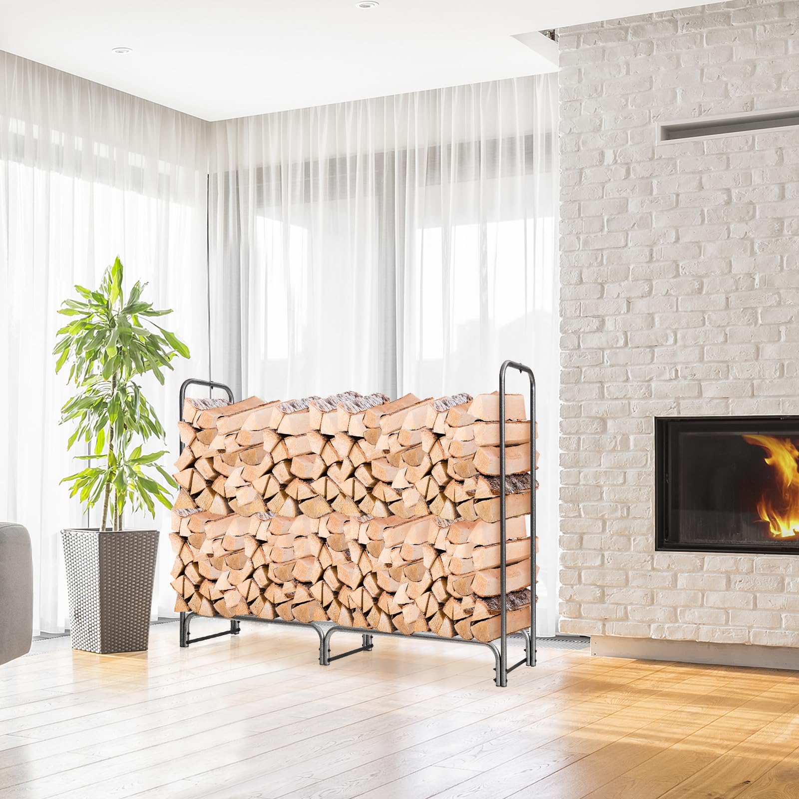 COSTWAY Metalowy regał na drewno kominkowe, 184 x 35,5 x 122,5 cm, regał na drewno opałowe z wodoodporną osłoną, stojak na drewno kominkowe, regał na drewno opałowe do użytku na zewnątrz