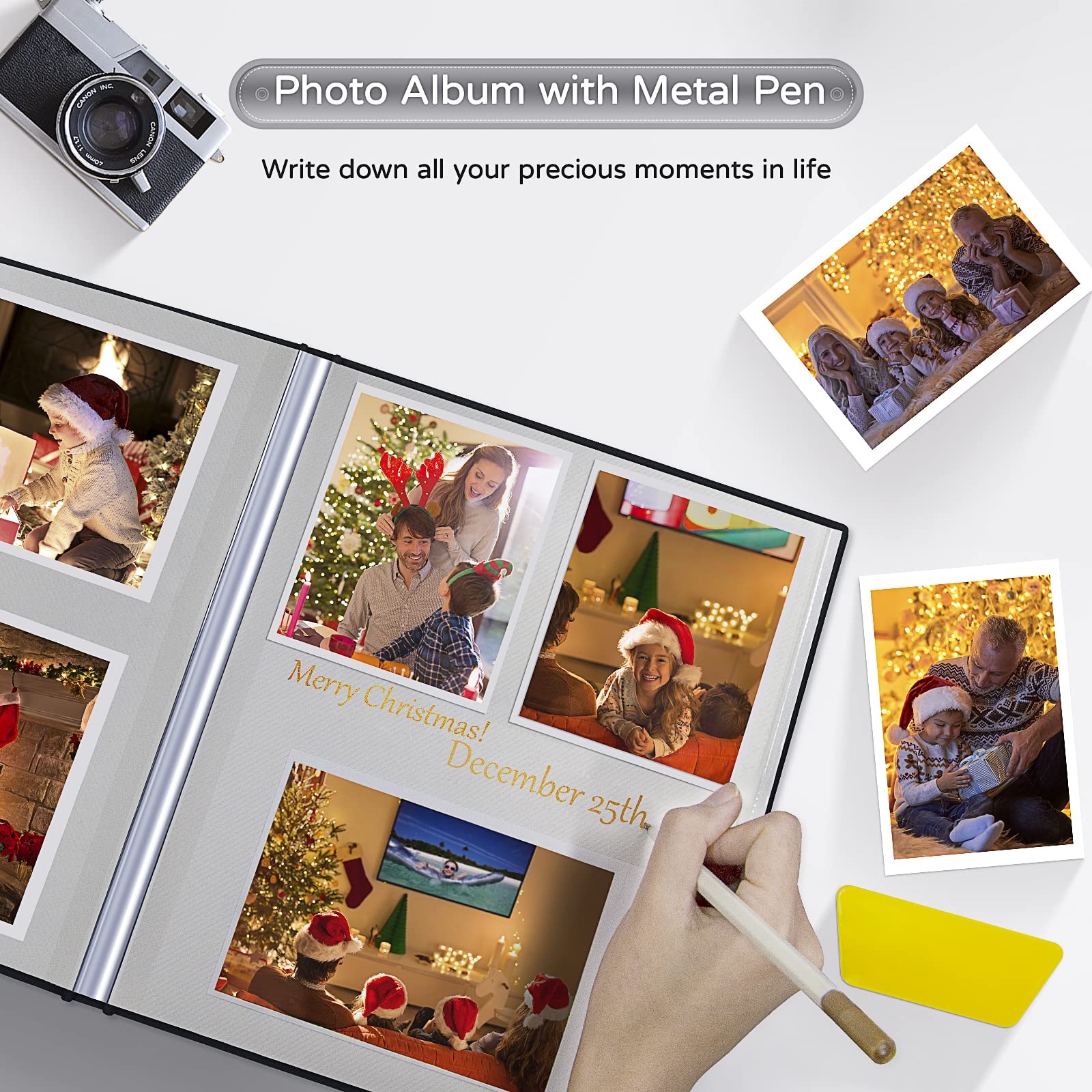 Popotop Álbum de fotos grande autoadhesivo de 4 x 6, 5 x 7, 8 x 10 pulgadas, álbum de fotos, regalo para mamá, familia, bebé y boda, con bolígrafo de metal y tablero de plástico