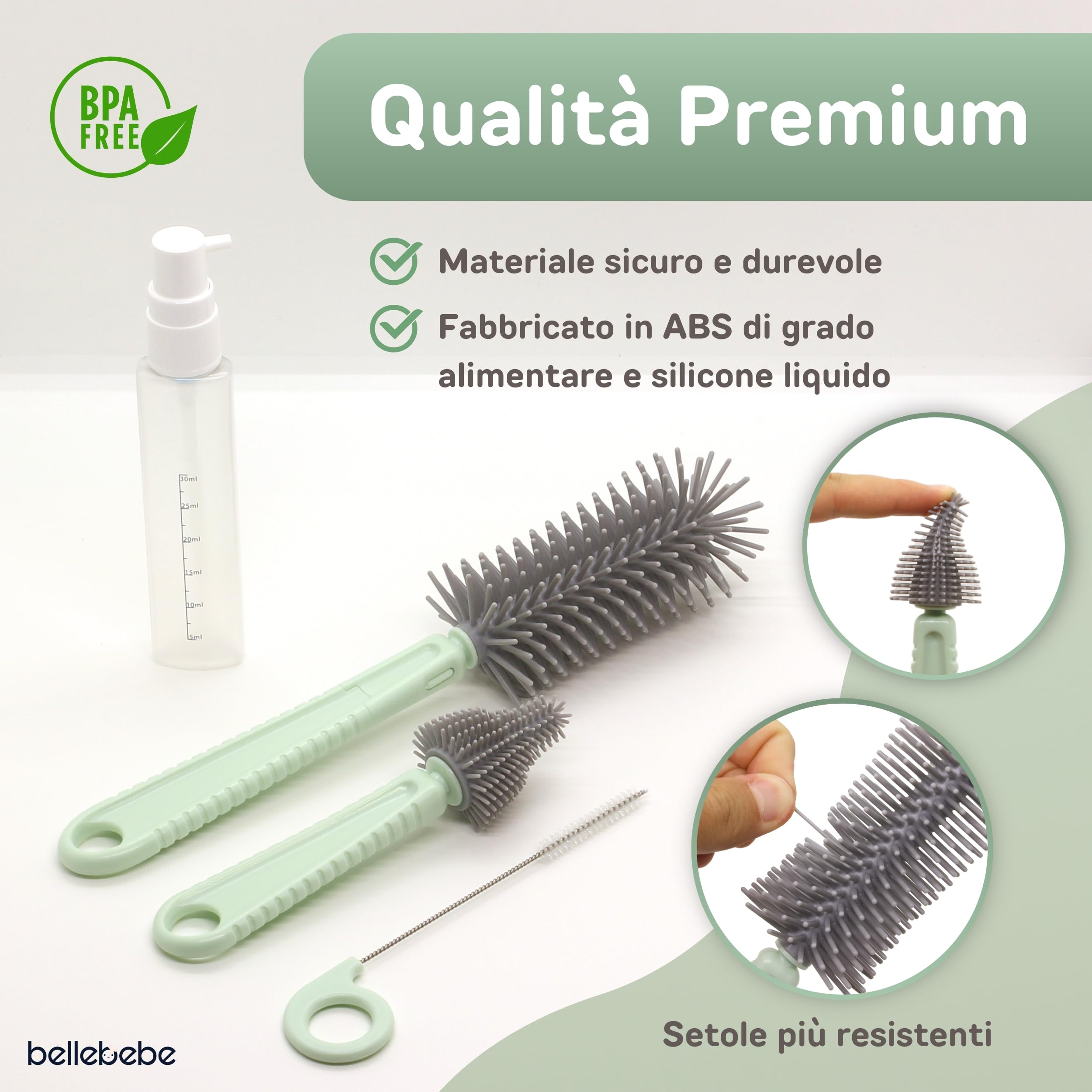 BELLEBEBE Set Escurre Biberones con Limpia Biberones - 6 en 1 Kit Cepillo Limpia Biberones con escurre biberones Plegable - Portatil - Transportable - Regalo para Bebe - SIN BPA - Verde