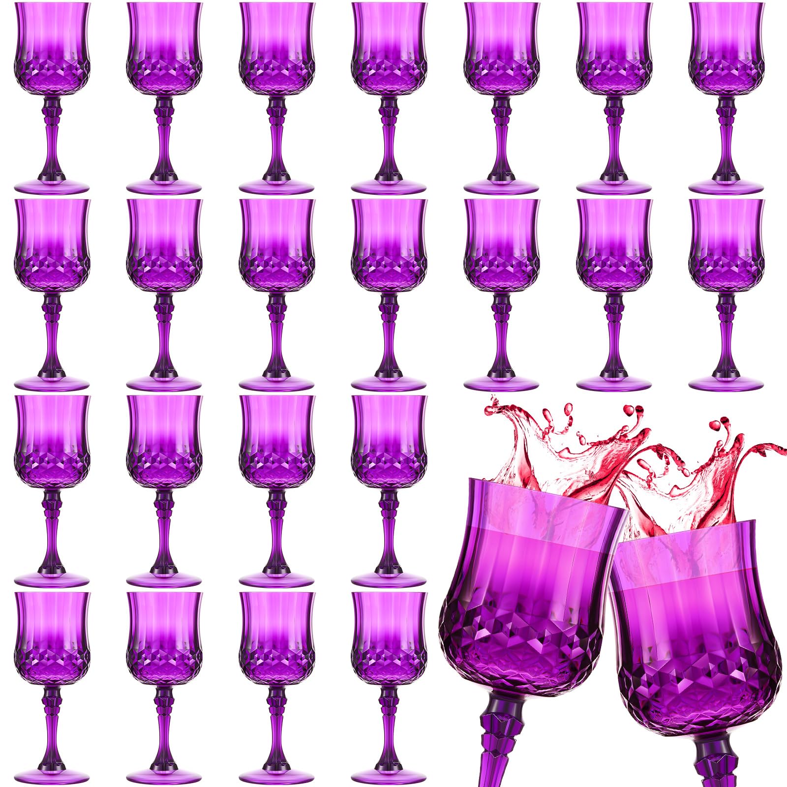 24 Pcs Patterned Plastic Wine Glasses Colorful Goblet Champagne Flutes Glasses Vintage Style Dishwasher Safe Drinking Glasses for Wedding, Reception, Grand Event Party Supplies (Purple)