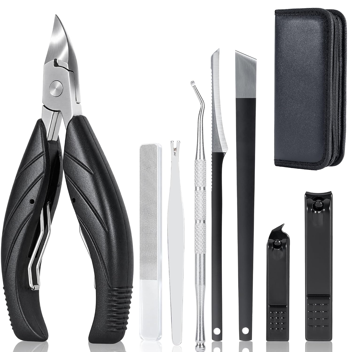 SIMPOR 9-Piece Ingrown Toenail Removal Kit, Heavy Duty Toenail Clippers for Seniors Thick Nails, 27mm Wide Jaw Podiatrist Pedicure Tools with Glass Nail File & Zipper Case