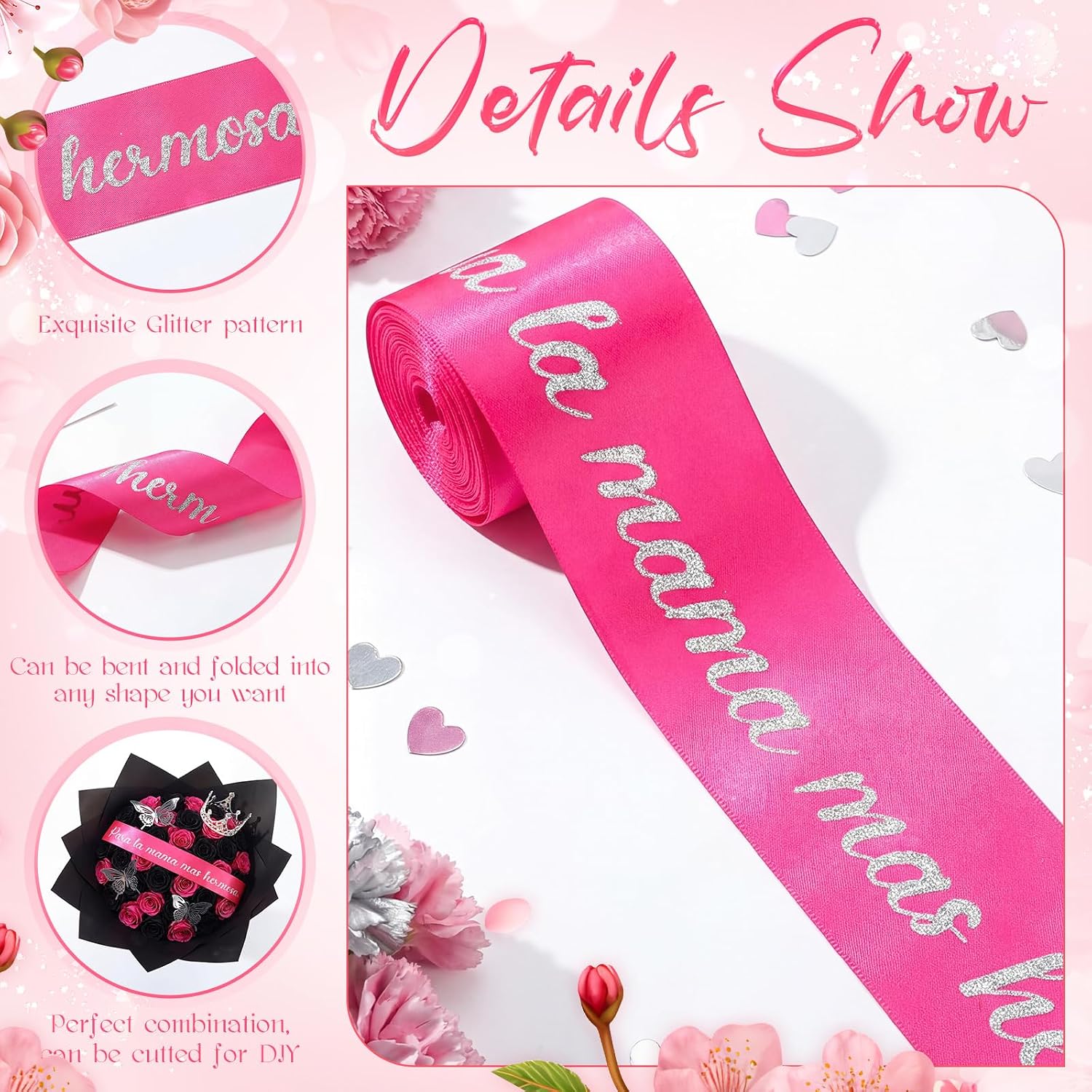Zeyune 114 Pcs Flower Bouquet Accessories Includes 2 in x 5 Yard Glitter Feliz Día De Las Madres Ribbon, Silver Bouquet Crown, Butterfly Decor and Rhinestone Flower Pin for para La Mamá MáS Hermosa