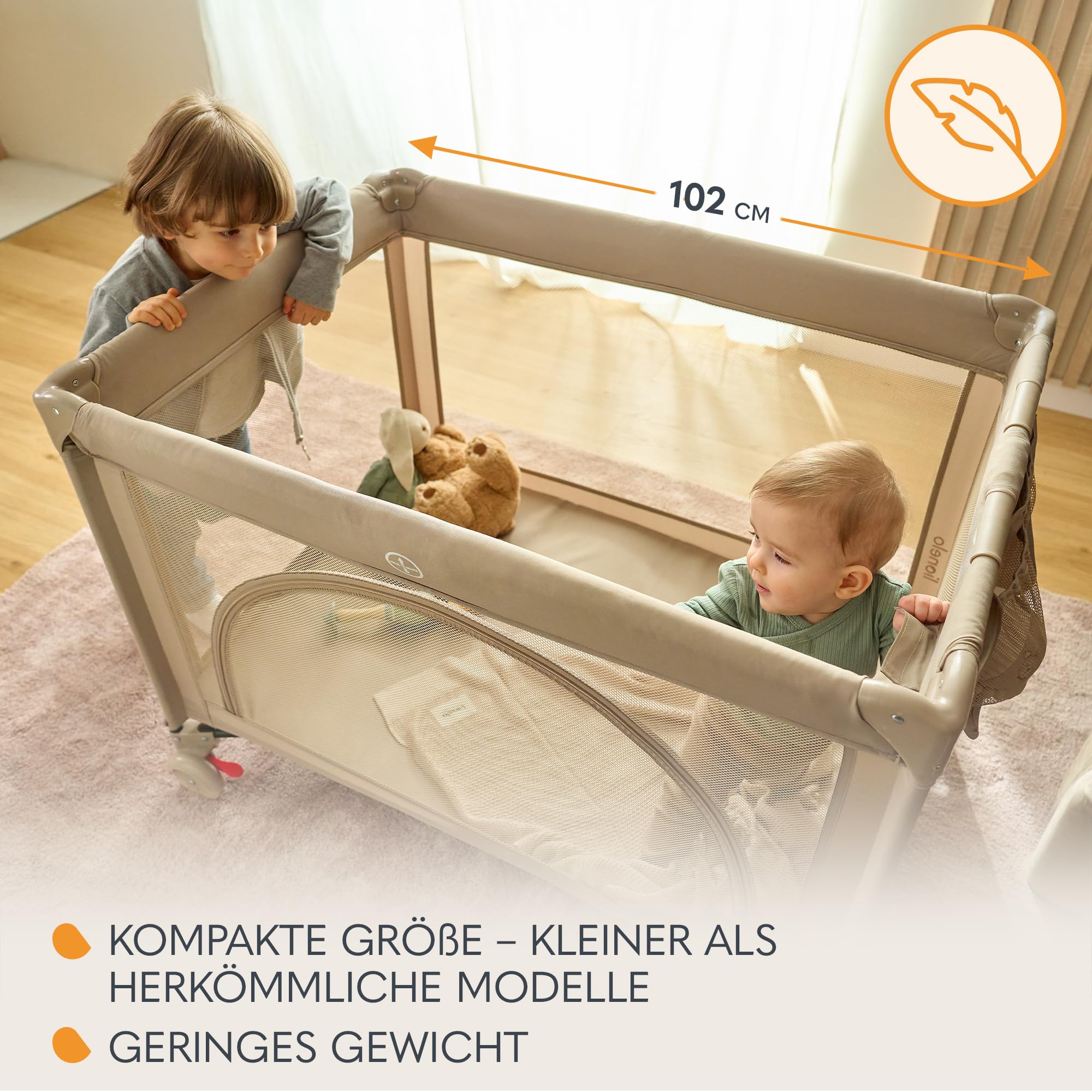 Lionelo Laura 2-in-1 Reisebett bis zu 15 kg Laufgitter von 0 bis 36 Monate Seitlicher Einstieg T25 Schaumstoffmatratze, 2 Höhenstufen, Reisetasche, Räder mit Bremse