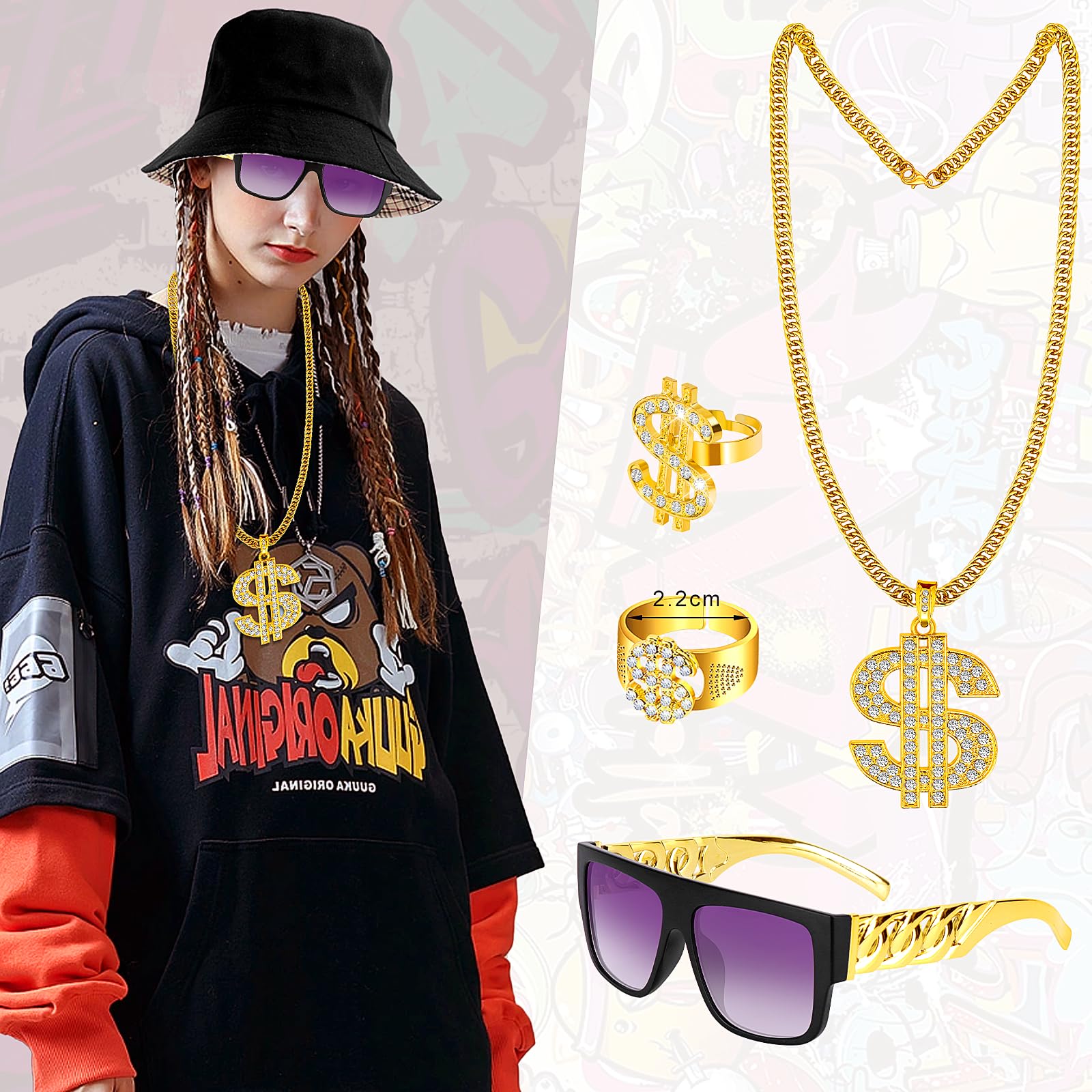 Dreamtop 6Pcs Hip Hop Costume kit 80s 90s Hip Hop Fancy Dress Rapper Fancy Dress Accessories with Bucket Hat Fake Gold Chain Dollar Sign Necklaces Rings Sunglasses for Women Men Hippie - Image 3
