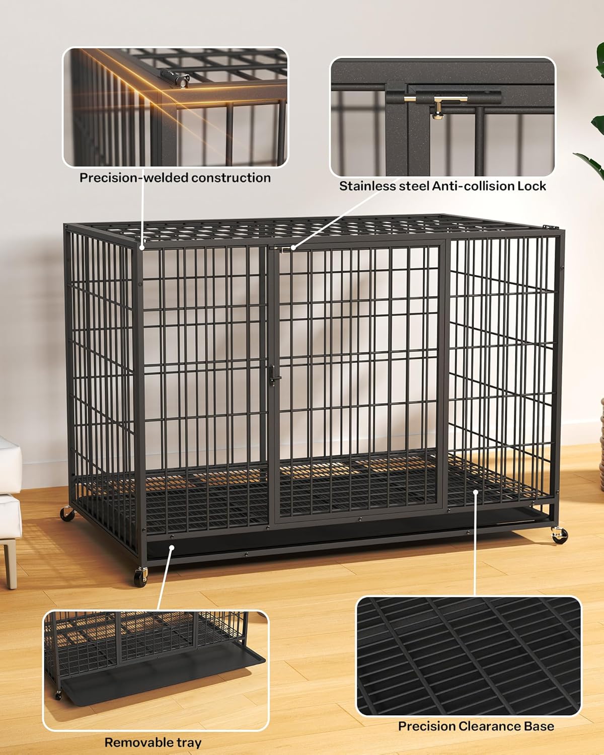 48 Inch Large Dog Crate, with 2 Doors & Stainless Steel Locks, Indoor Dog Kennel with Removable Tray and Swivel Wheels, Easy to Assemble and Clean, Dog Crates for Large Dogs Black