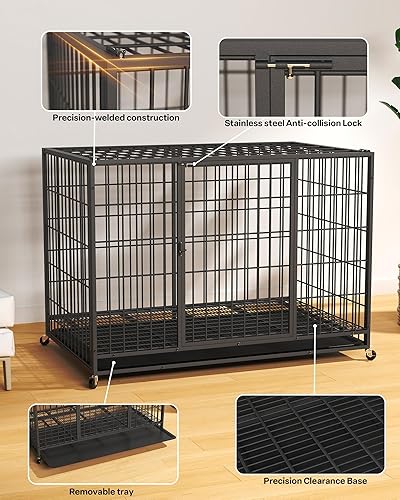 Miniatura 3 de Jaula de alambre para perros grandes, diseño de doble puerta, para interiores y exteriores, con 4 ruedas con cerradura, bandeja extraíble, fácil