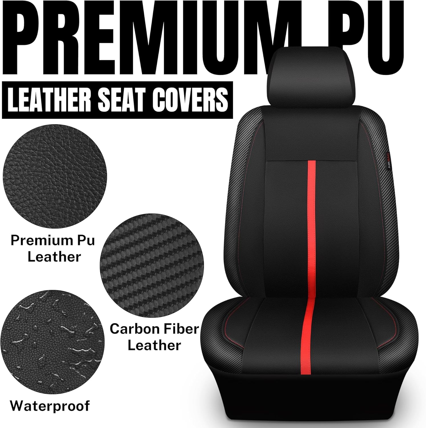 CAR-GRAND Leather Car Seat Covers, Full Set PU Leather and Carbon Fiber Leather Auto Seat Covers, Airbag Compatible, Universal Fit for SUV Sedans Vans Pickup Truck Black & Red Sport Style